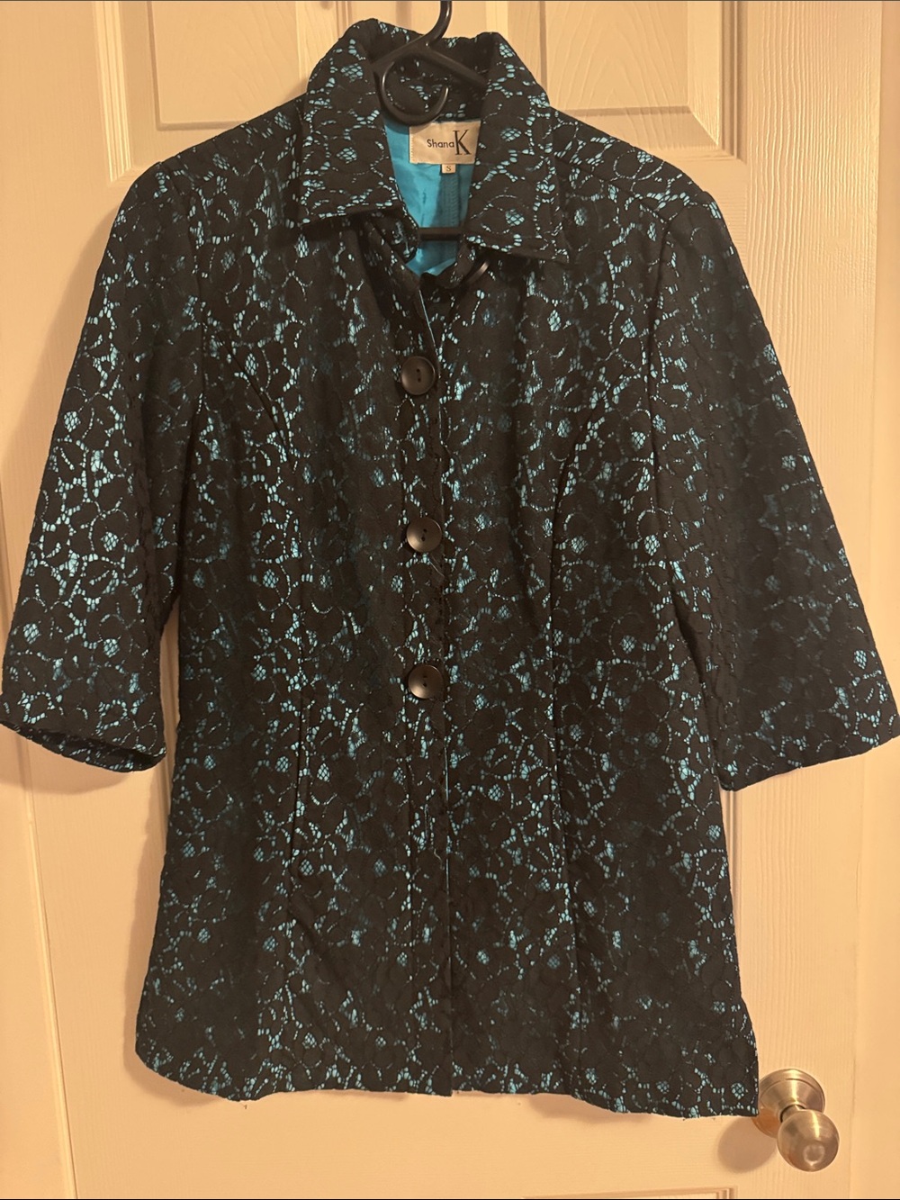 Shan K Black Lace Overlay Button-Down Top with Teal Underlay